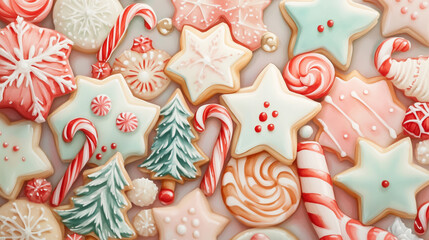 Fototapeta premium Cute Christmas cookies decorated with candy canes, stars, and trees in pastel colors, Generative AI