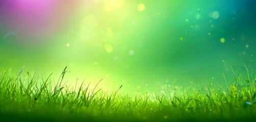 Obraz premium A lush, verdant field of grass with a soft, blurred background of green and purple hues, creating a serene and tranquil atmosphere