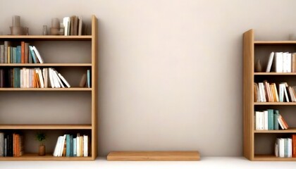 Fototapeta premium A minimalist room with two light-colored wooden bookshelves on either side blank wall, creating a clean and uncluttered appearance