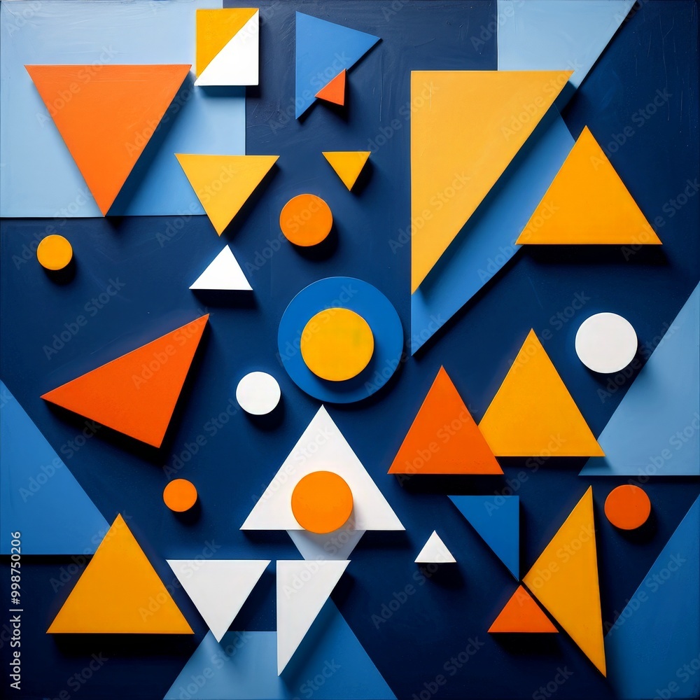 Poster a geometric composition of overlapping triangles, circles, and rectangles in various shades of orang