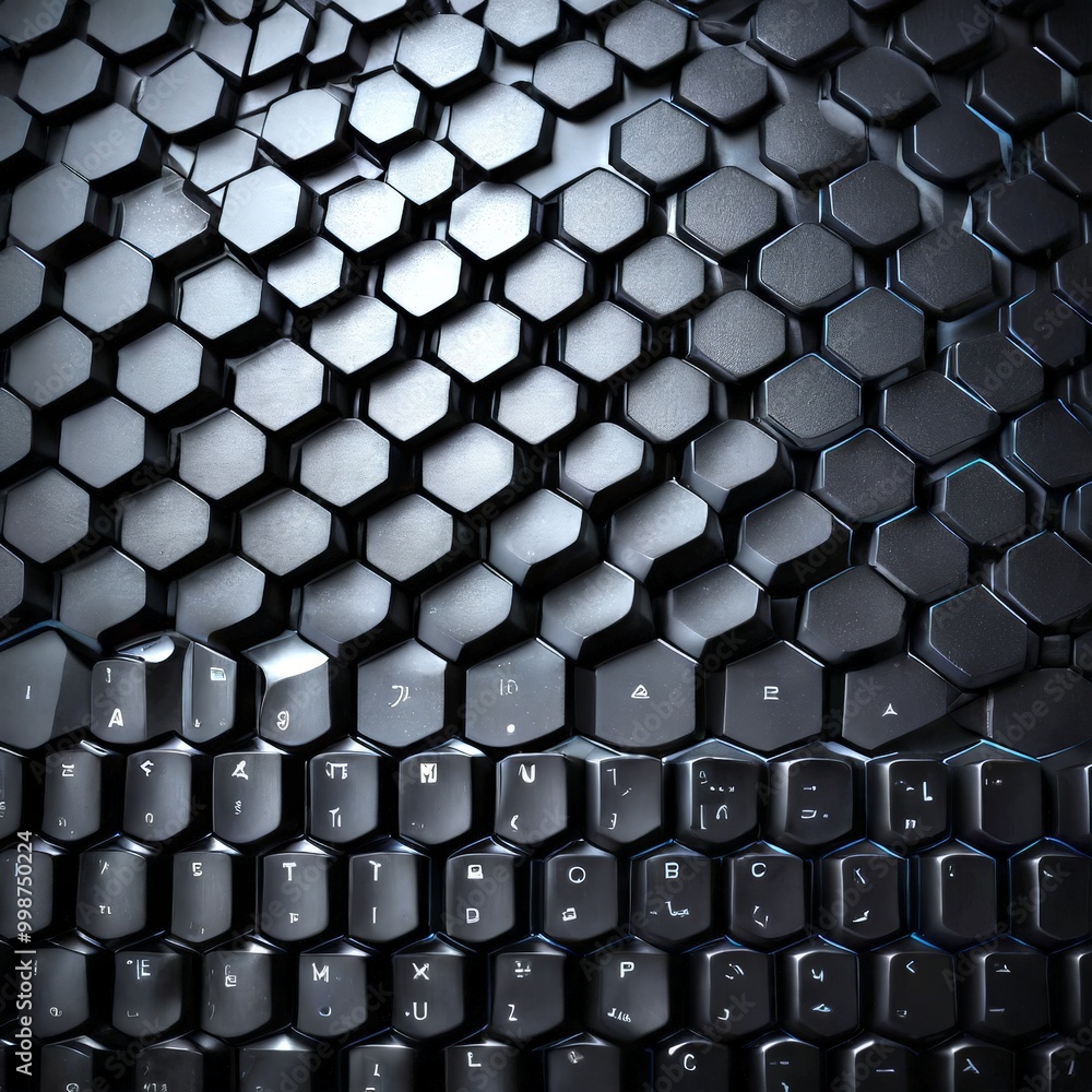 Poster A close-up view black keyboard with a repeating hexagonal pattern, featuring a mix of white and gray keys