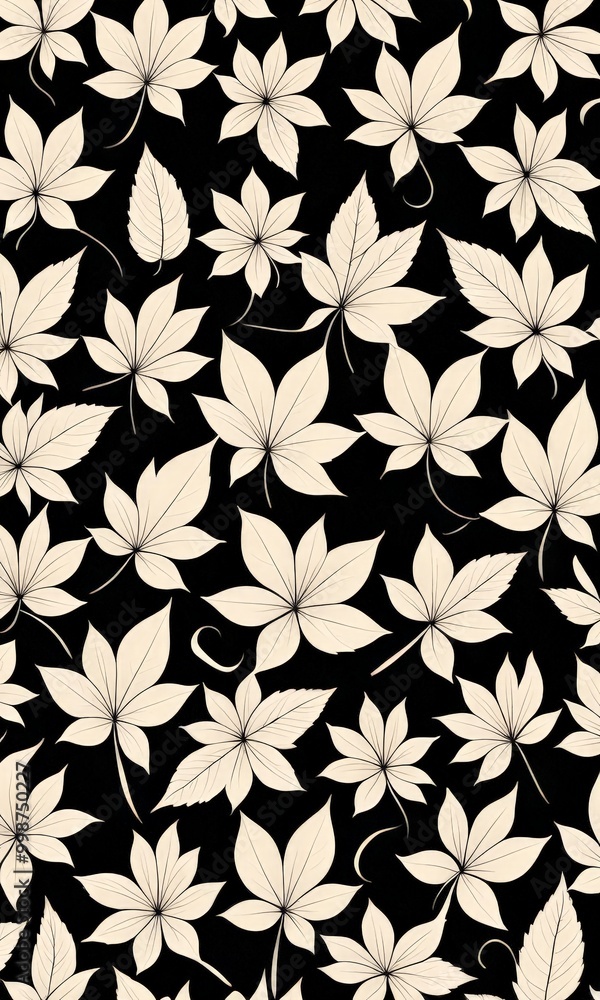 Poster a repeating pattern of stylized leaves in shades of beige against a black background