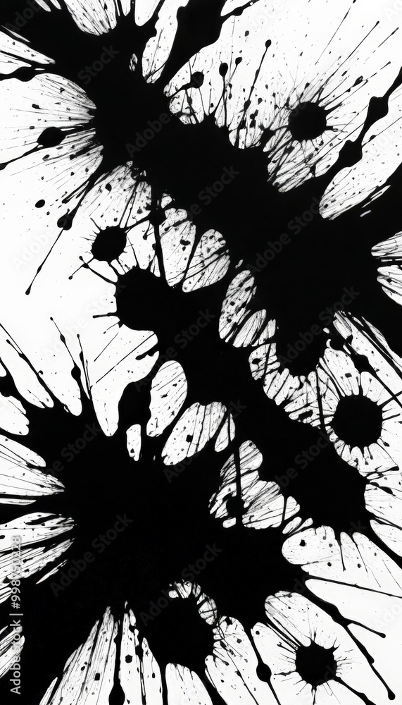 Poster a striking black and white abstract composition featuring a chaotic arrangement of splatters and spl
