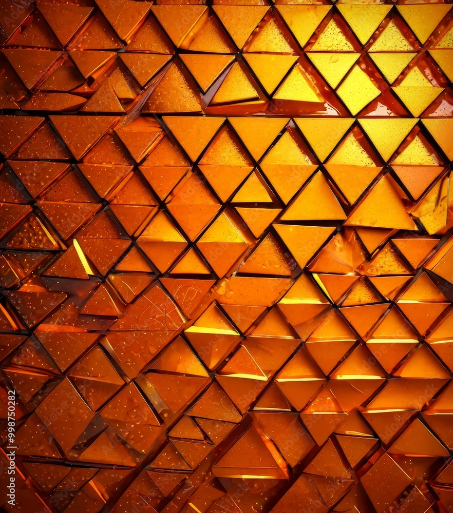 Poster a close-up view pattern of overlapping triangular shapes in varying shades of orange, creating a visually striking and textured composition