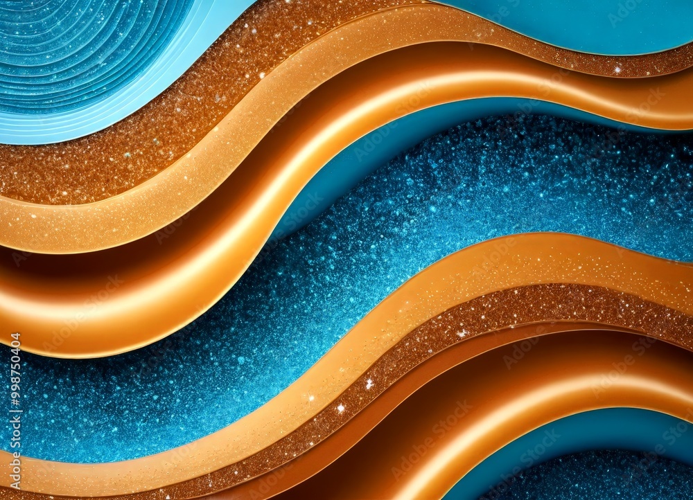 Poster a vibrant abstract composition of overlapping curved lines in shades of blue, gold, and brown, creating a dynamic and visually striking pattern