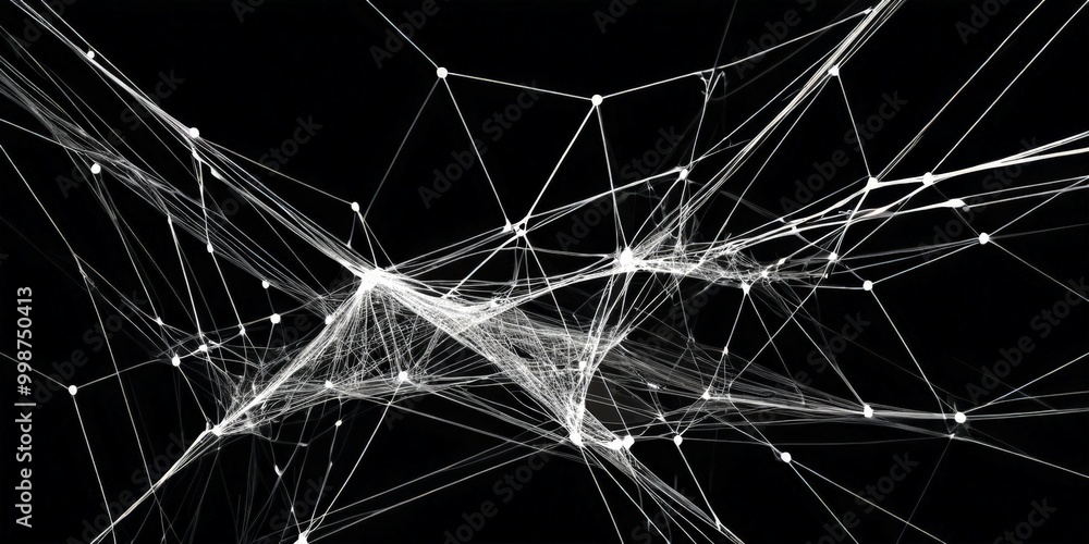 Poster a complex network of interconnected lines and dots, creating a visually striking abstract pattern against a black background