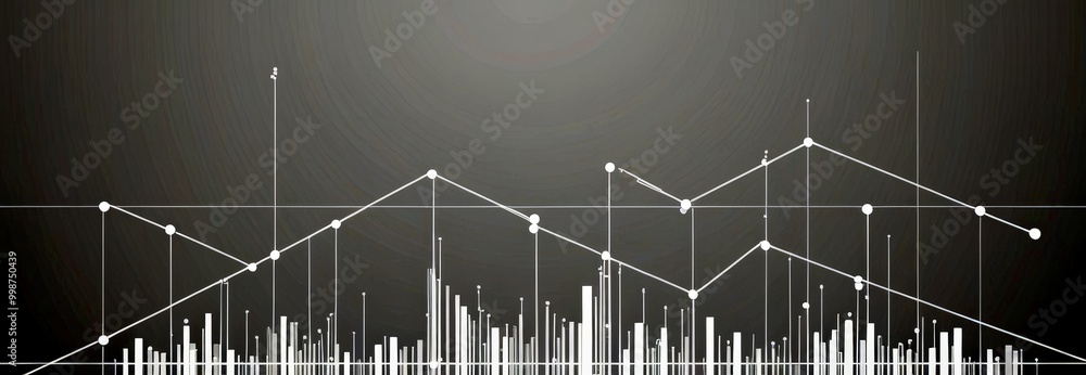 Poster a digital illustration city skyline, with a series of interconnected lines and dots representing various data points or statistics