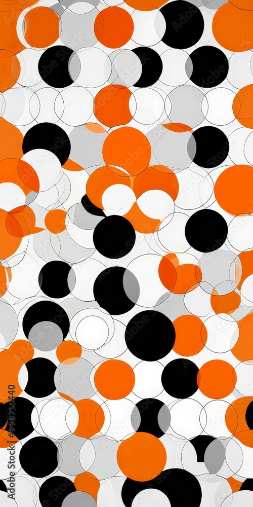 Poster a repeating pattern of overlapping circles in various shades of orange, black, and white, creating a visually striking and abstract design