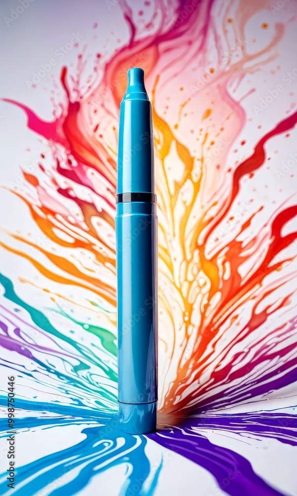 Poster a blue pen stands out against a vibrant splash of colors, with the pen's reflection visible on the s