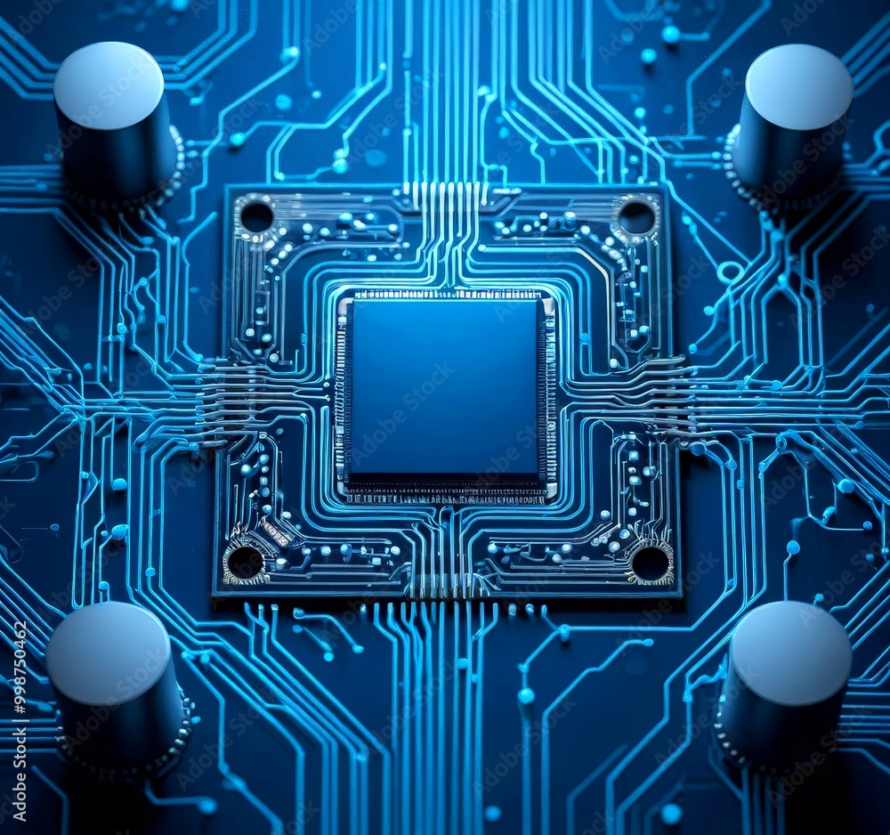 Poster A circuit board with a central blue square chip surrounded by a complex network of blue and white lines and components