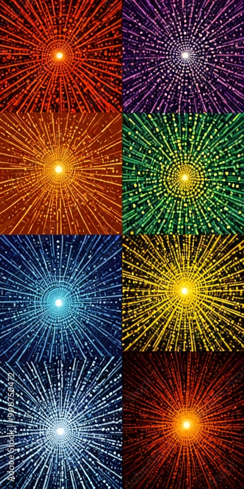 Poster The contains six distinct s, each showcasing a unique burst of light or color radiating outwards from a central point The colors and patterns vary, creating a