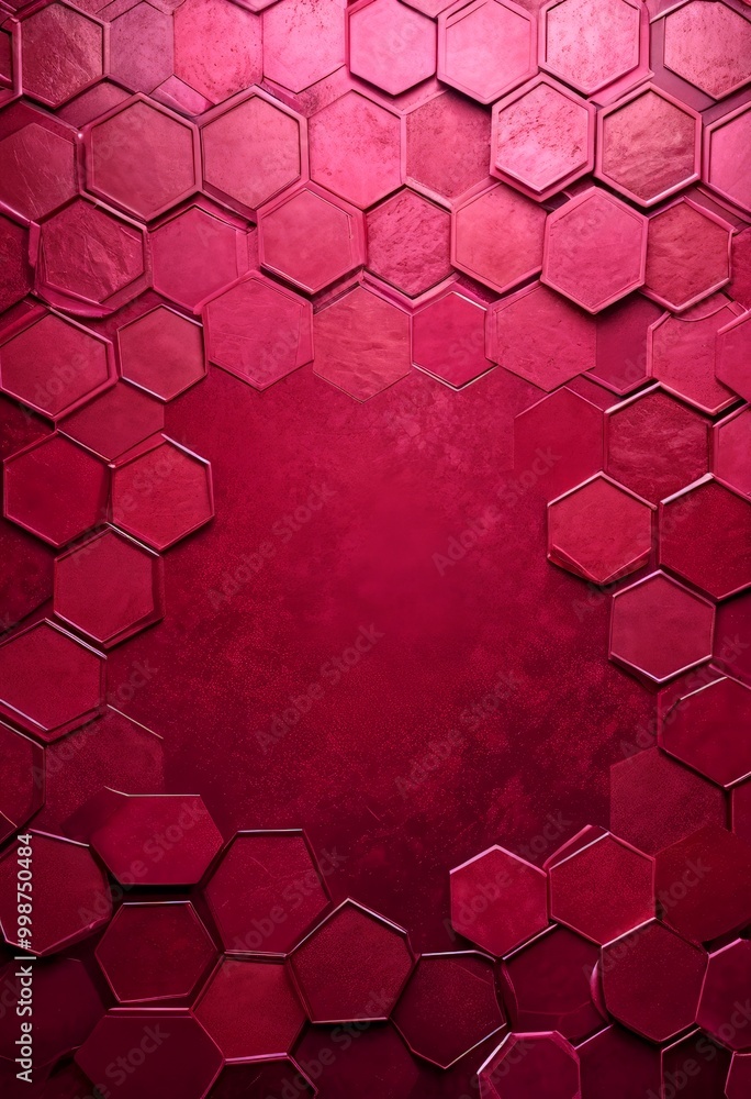 Poster a repeating pattern of hexagonal tiles in a deep red hue, arranged in a grid-like fashion The tiles are slightly overlapping, creating a sense of depth and dimensionality