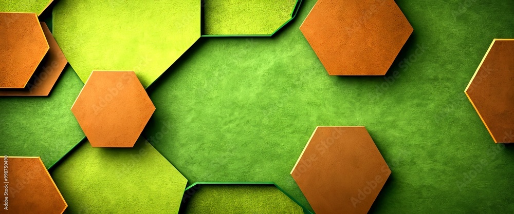 Fototapete a geometric pattern composed of hexagonal shapes in various shades of green and brown, arranged in a grid-like formation against a textured green background