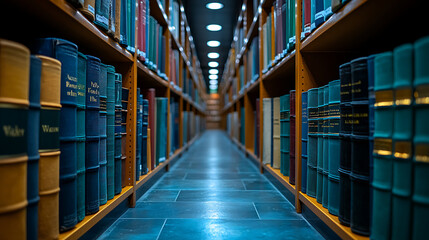 Fototapeta premium A dimly lit library aisle lined with shelves of classic books, emphasizing a scholarly atmosphere and the beauty of literature.