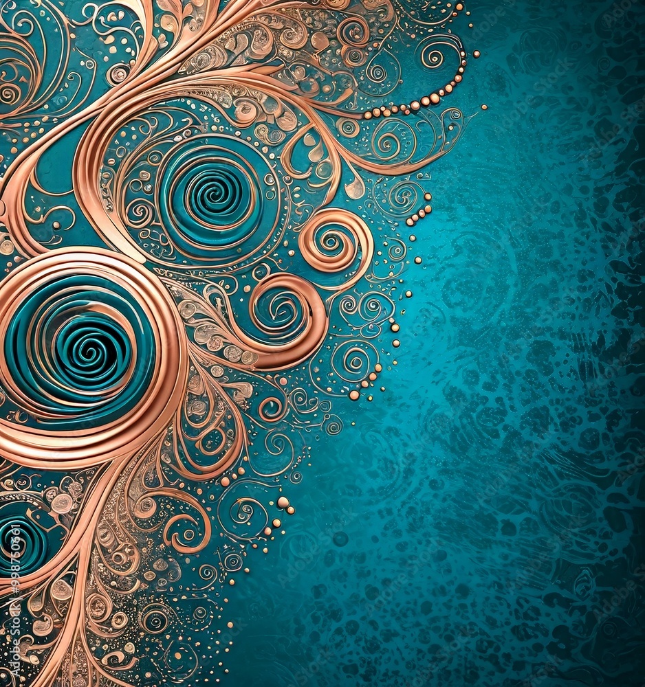 Poster a striking abstract design with a teal background and gold accents The design is composed of intricate swirls and curves, creating a sense of movement and dynamism The