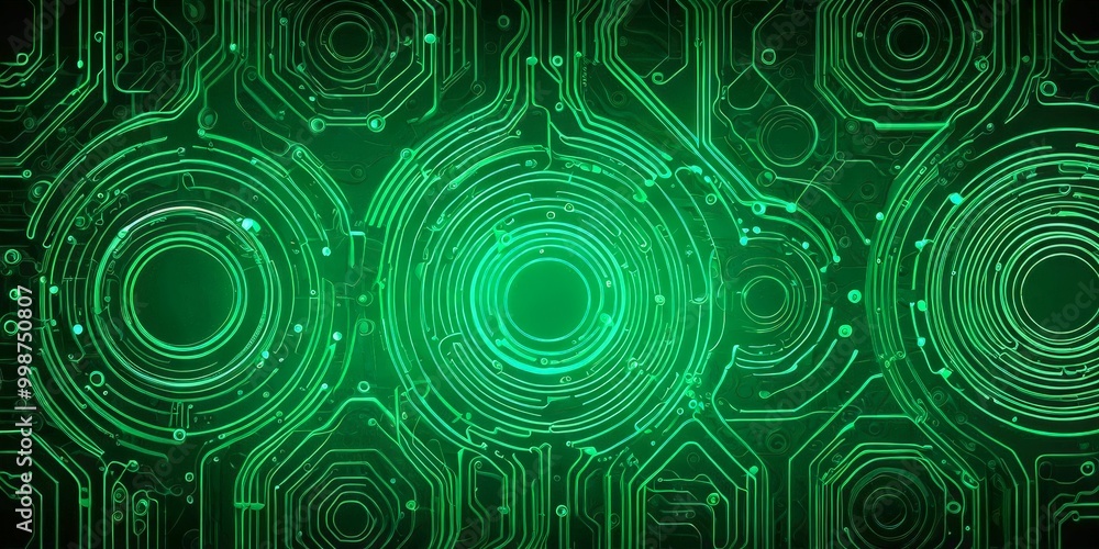 Aufkleber a complex, abstract pattern of green circles and lines, resembling a circuit board or a digital interface The arrangement of the circles and lines