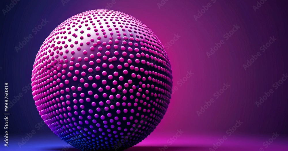 Poster a spherical object with a pattern of small dots in shades of pink and purple is shown against a grad