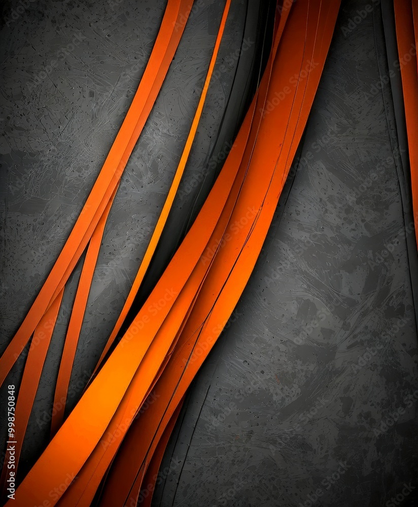 Poster a striking abstract composition of curved orange and black lines intersecting against a dark gray background