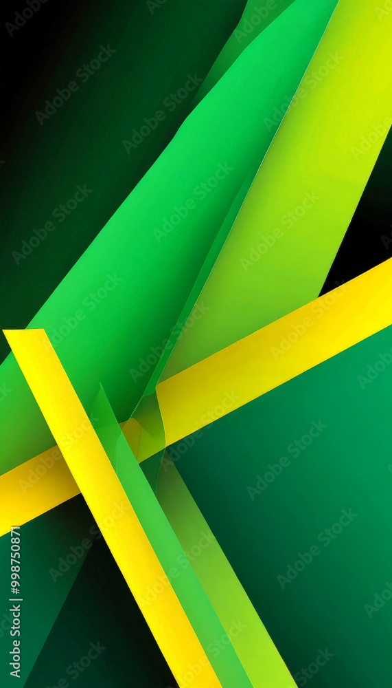 Poster a geometric abstract composition with intersecting lines and shapes in shades of green and yellow, creating a visually striking and dynamic scene
