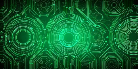 a complex, abstract pattern of green circles and lines, resembling a circuit board or a digital interface The arrangement of the circles and lines