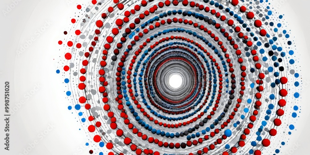 Poster a spiral pattern composed of red, blue, and gray spheres, with a white center and a gradient effect transitioning from red to blue and gray
