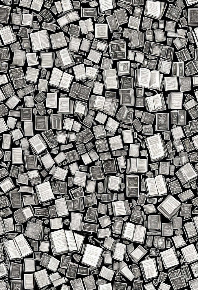 Poster a collage of numerous open books scattered across a black background, creating a visually striking and textured composition