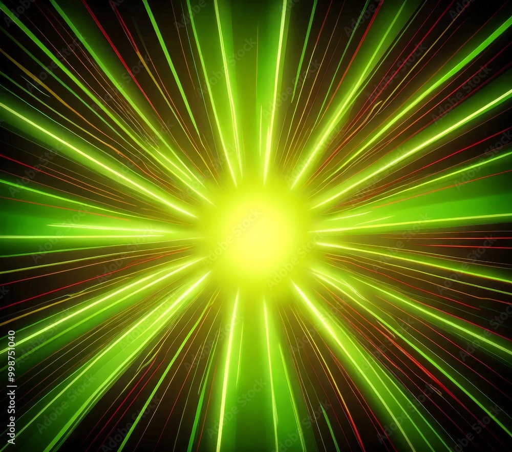 Poster a vibrant burst of green and red light radiating outwards from a central point, creating a striking 