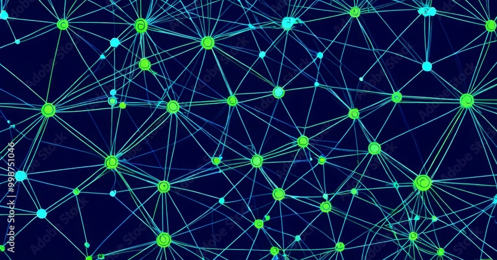 Poster a complex network of interconnected lines and dots, with a dark blue background and a gradient of green and blue colors The lines and dots are arranged in
