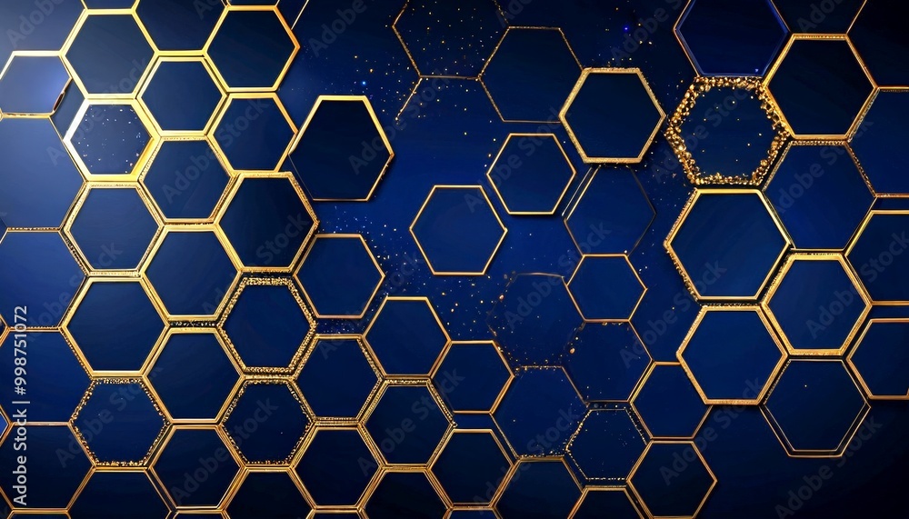 Aufkleber a repeating pattern of hexagonal shapes in varying shades of blue, with gold accents and scattered g