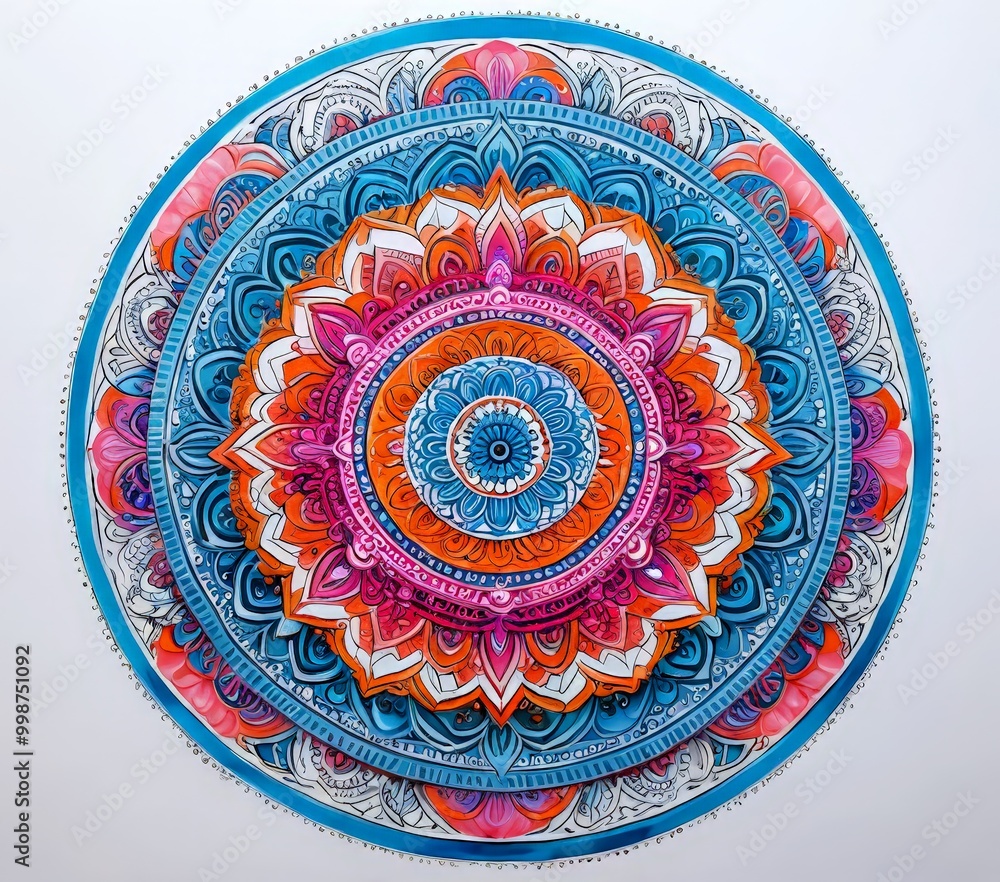Poster a vibrant mandala design with intricate patterns and a central flower motif, featuring a mix of blue