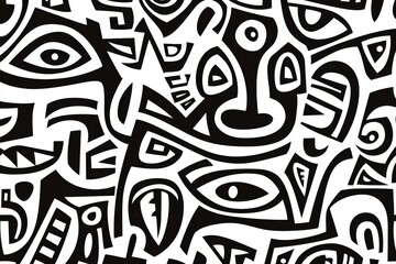 Geometric background in black and white with ethnic hand-drawn patterns
