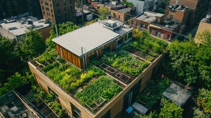 Fototapeta premium Rooftop garden on a building surrounded by a cityscape, featuring greenery for vegetables and herbs. Growing concept.