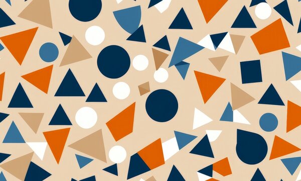 a pattern of various geometric shapes, including triangles, circles, and rectangles, in shades of blue, orange, and beige