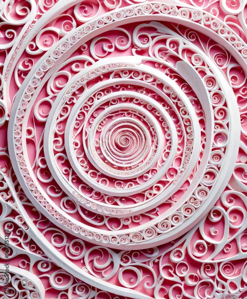 Poster a spiral pattern in shades of pink and white, with a central white spiral surrounded by concentric c