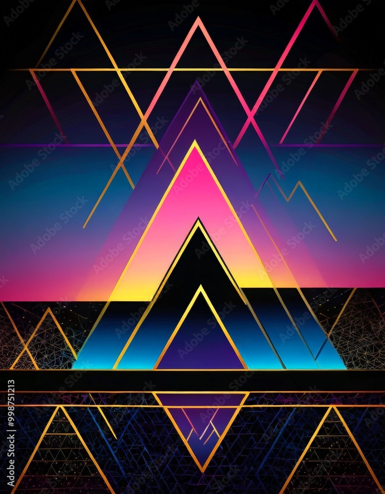 Poster a vibrant abstract composition of intersecting lines and triangles in various colors, including pink, blue, yellow, and black, against a gradient background transitioning
