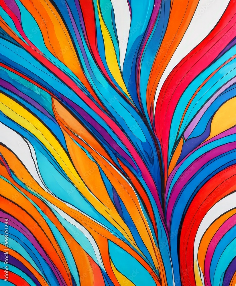 Poster a vibrant abstract painting featuring a dynamic interplay of bold, curved lines in a variety of brig