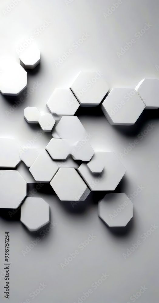 Poster a collection of white hexagonal shapes arranged in a seemingly random pattern, creating a visually striking abstract composition.