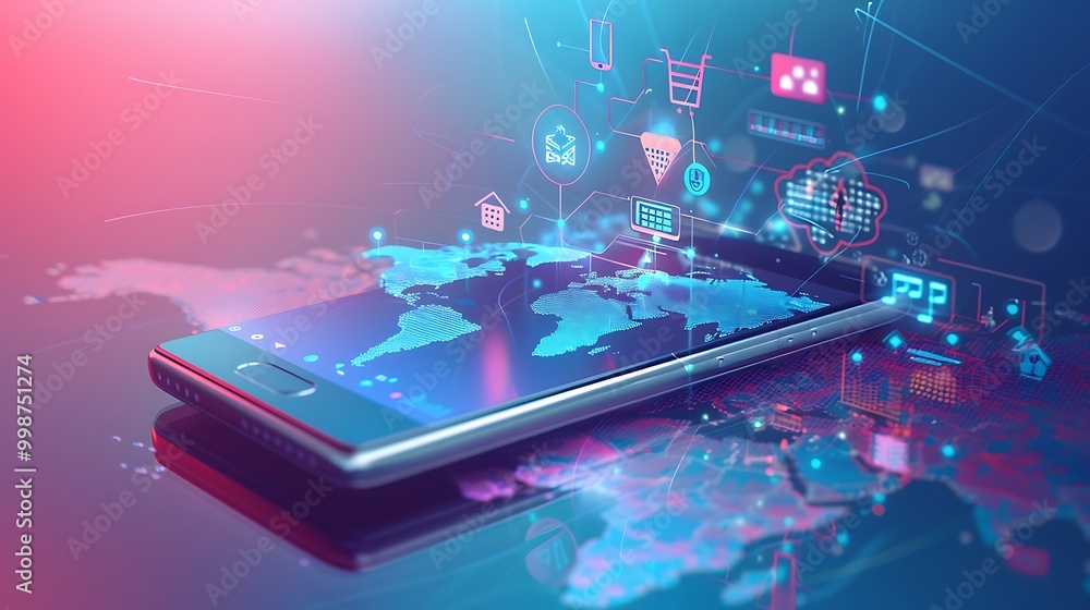 Poster smartphone with application icons flying over the screen. 3d rendering