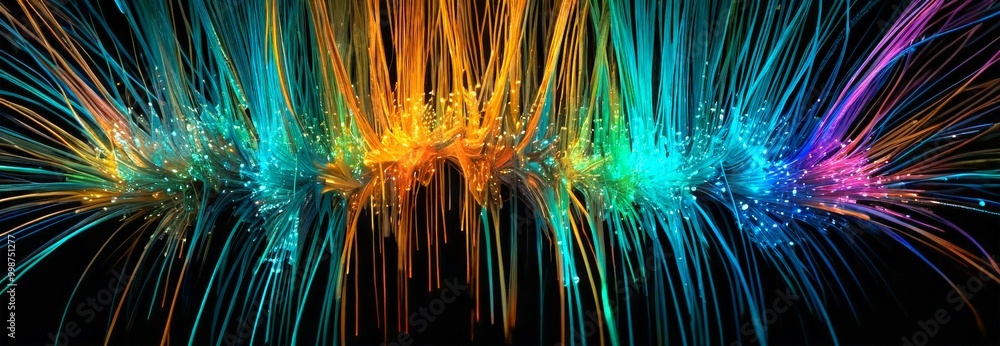 Poster a vibrant display of multicolored lines and dots against a black background, creating a dynamic and visually striking effect