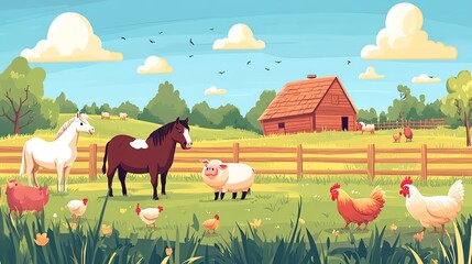 Barnyard with a horse, cow, pig, and chickens surrounded by a wooden fence and green pastures, Farm Animals at Countryside, Flat rural scene
