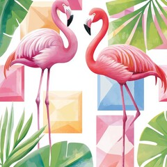 Fototapeta premium This abstract tropical pattern includes a flamingo, a protea and a palm tree. It is a watercolor seamless print.