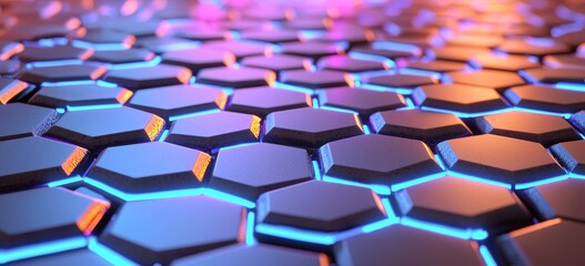 Fototapeta premium The 3D rendering below shows a background pattern made of black, blue, and orange hexagons