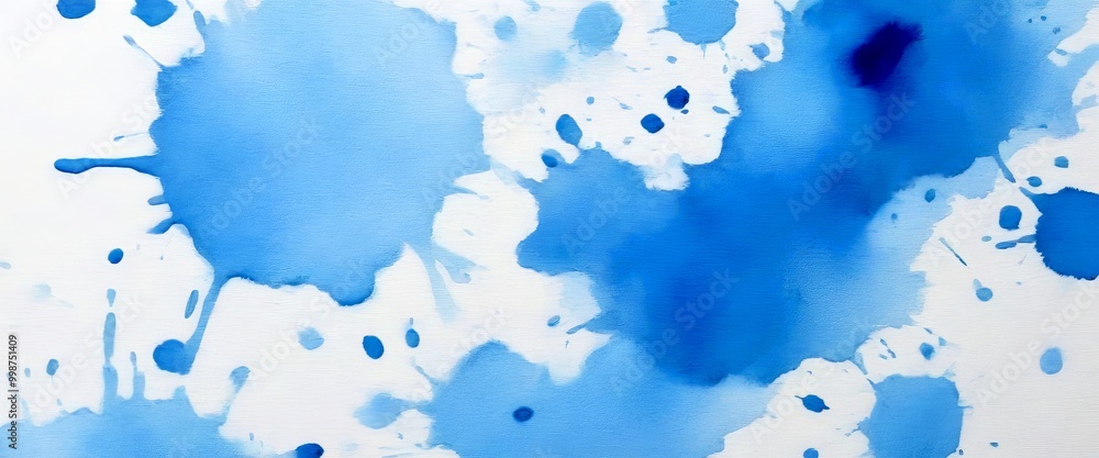 Poster a close-up view watercolor painting with blue and white splatters and splotches, creating a textured