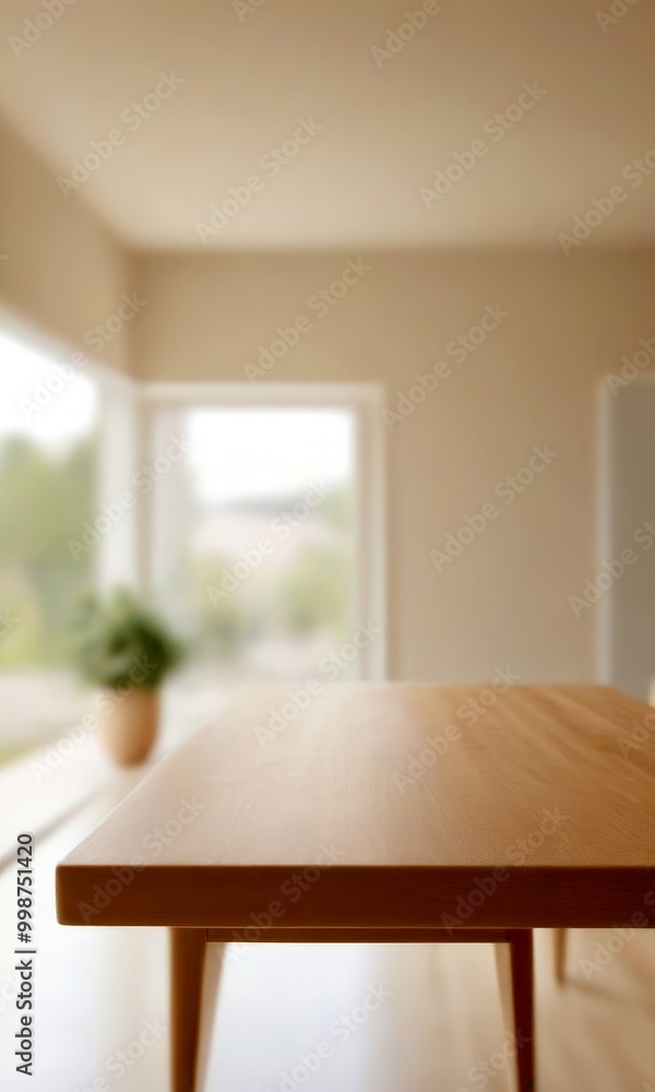 Poster a wooden table with a vase of flowers sits in a room with a large window and a plant in the backgrou