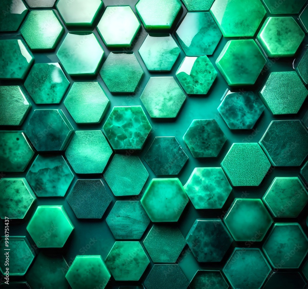Poster a close-up view pattern of hexagonal tiles in various shades of green, arranged in a grid-like formation