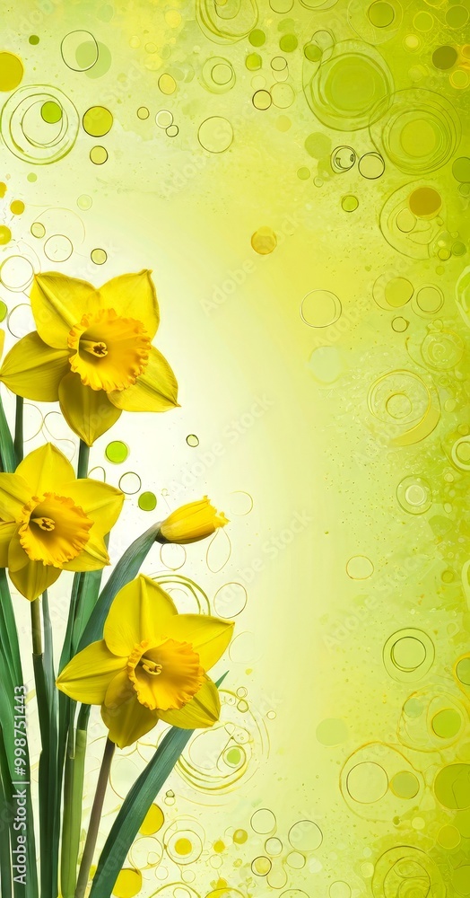 Poster A vibrant of yellow daffodils against a green and yellow abstract background with circular patterns