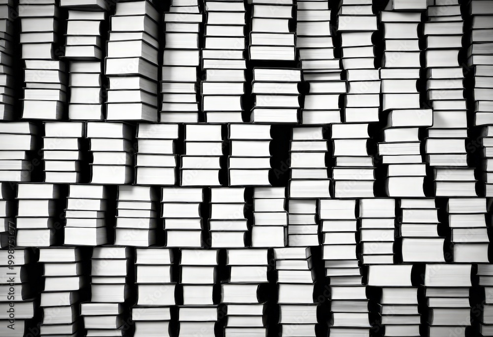 Poster A monochromatic of numerous stacked books, creating a visually striking pattern