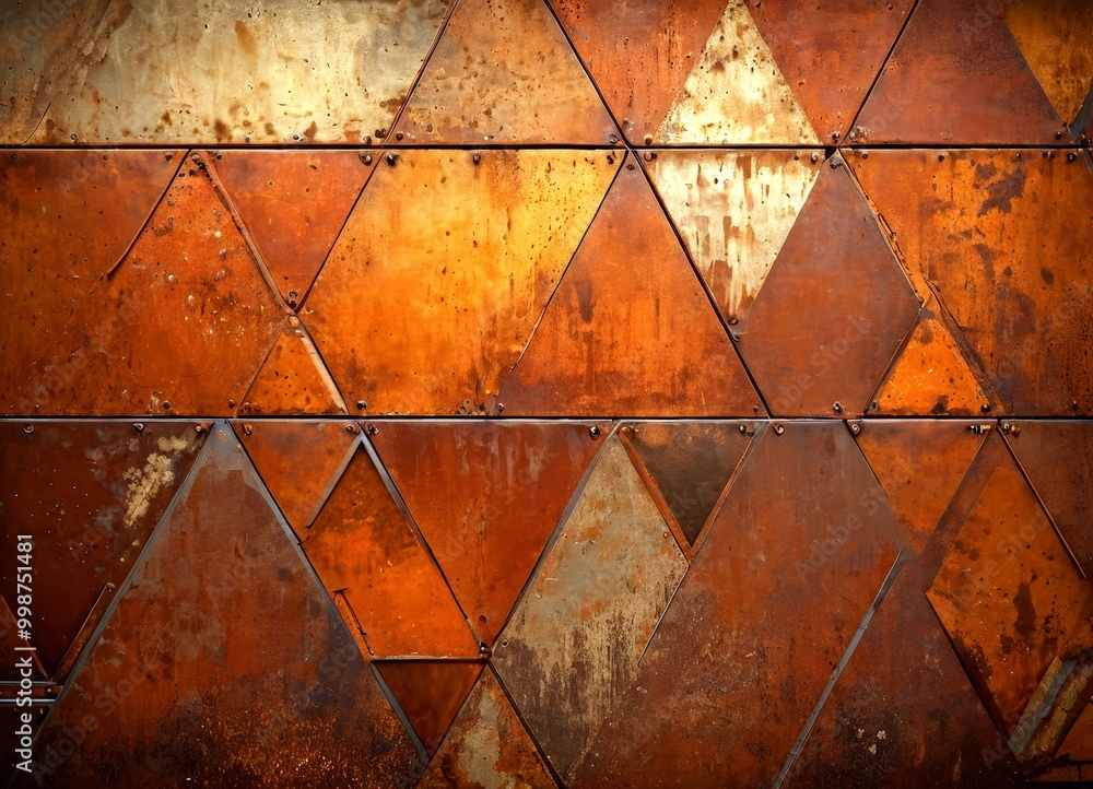 Leinwandbilder a close-up view textured metal surface composed of overlapping triangular panels in various shades of orange and brown, with some panels appearing rusted and worn