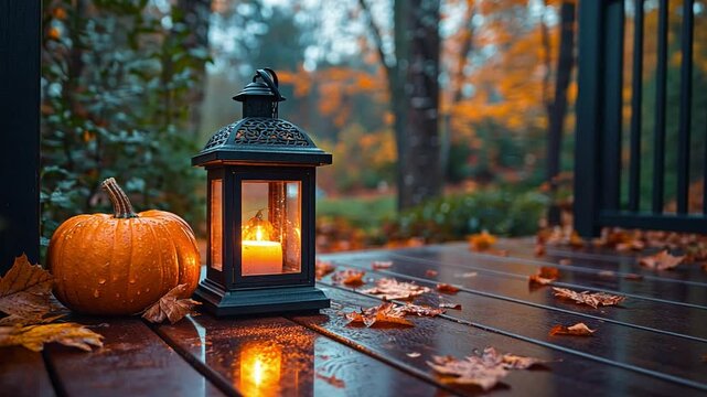 A lantern glows warmly beside a pumpkin on a wet wooden deck, surrounded by fallen autumn leaves on a rainy evening.
