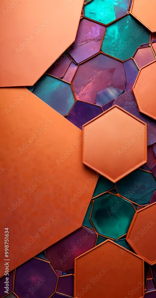 Fototapete a vibrant abstract composition of overlapping hexagonal shapes in various shades of orange, purple, 